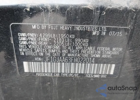 2015 Subaru Impreza 2.0I из США, поврежденный, VIN JF1GJAA63FH022014